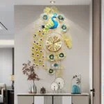 Luxury peacock wall clock with decorative accents in a modern living room.