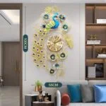 Luxury peacock wall clock with gold accents and floral design in a modern living room.