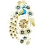 Luxury peacock wall clock with floral accents, modern home decor.