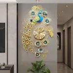 Luxury peacock wall clock with floral accents in a modern living room.
