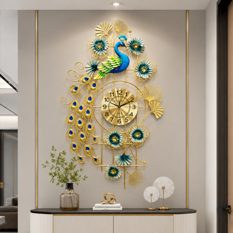 Luxury peacock-themed decorative wall clock with gold and blue accents in a modern living room.