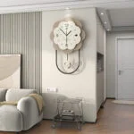Modern luxury wall clock in a stylish living room setting.