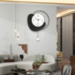 Modern luxury living room with decorative wall clock and elegant decor.
