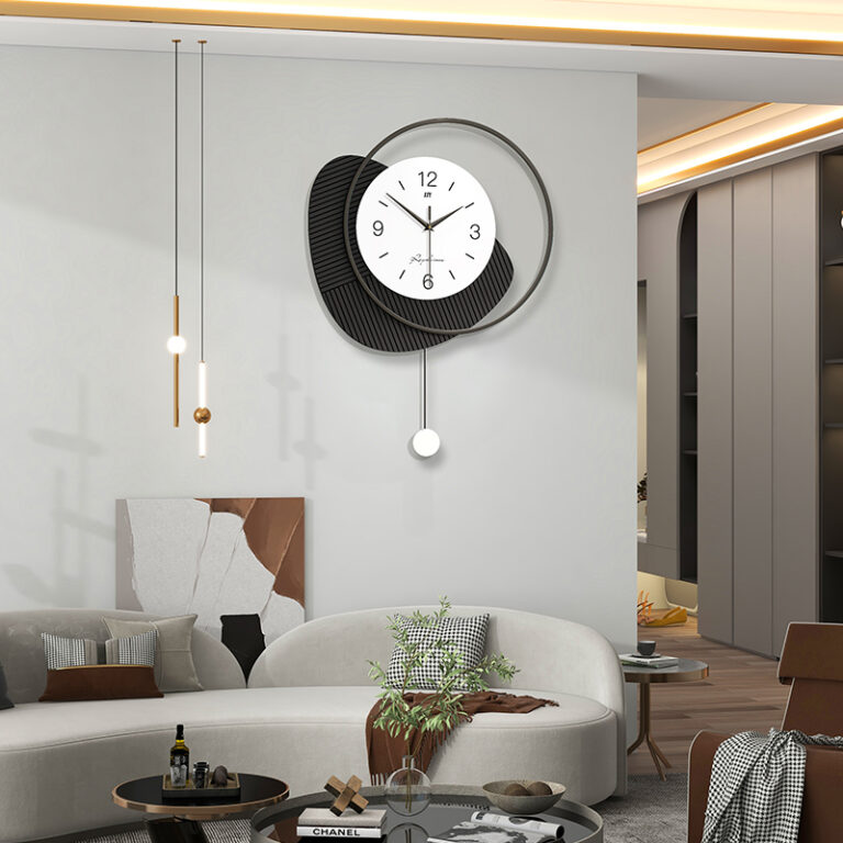Modern luxury living room with decorative wall clock and elegant decor.