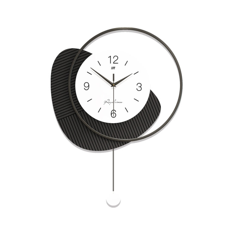Modern decorative wall clock with abstract design and black accents.