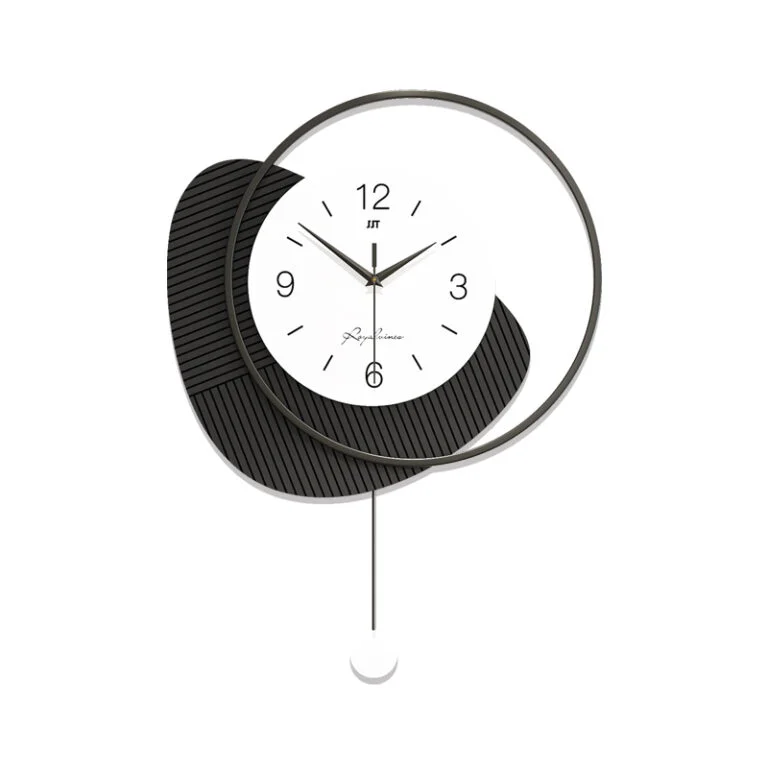 Modern decorative wall clock with abstract design and black accents.
