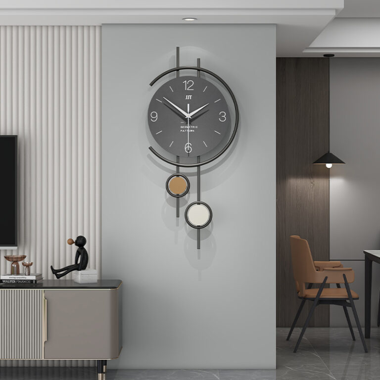 Modern luxury wall clock in a stylish living room setting with contemporary decor.