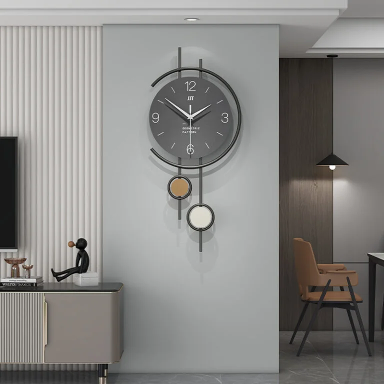 Modern luxury wall clock in a stylish living room setting with contemporary decor.