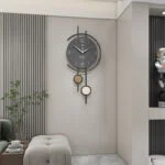 Modern luxury wall clock in a stylish living room with decorative accents.