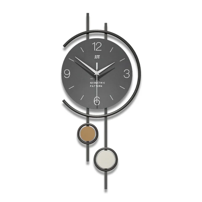 Modern decorative wall clock with geometric design and metal accents.