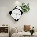 Modern panda-themed wall clock in a stylish living room setting.