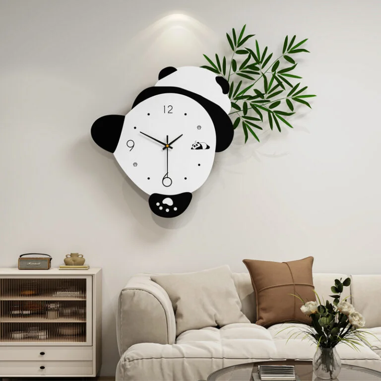 Modern panda-themed wall clock in a stylish living room setting.