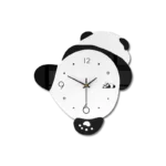 Modern panda-shaped wall clock with black and white design, perfect for kids' room decor.