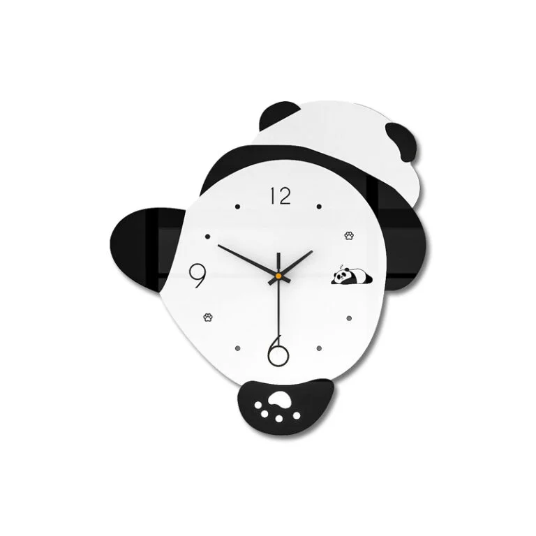Modern panda-shaped wall clock with black and white design, perfect for kids' room decor.