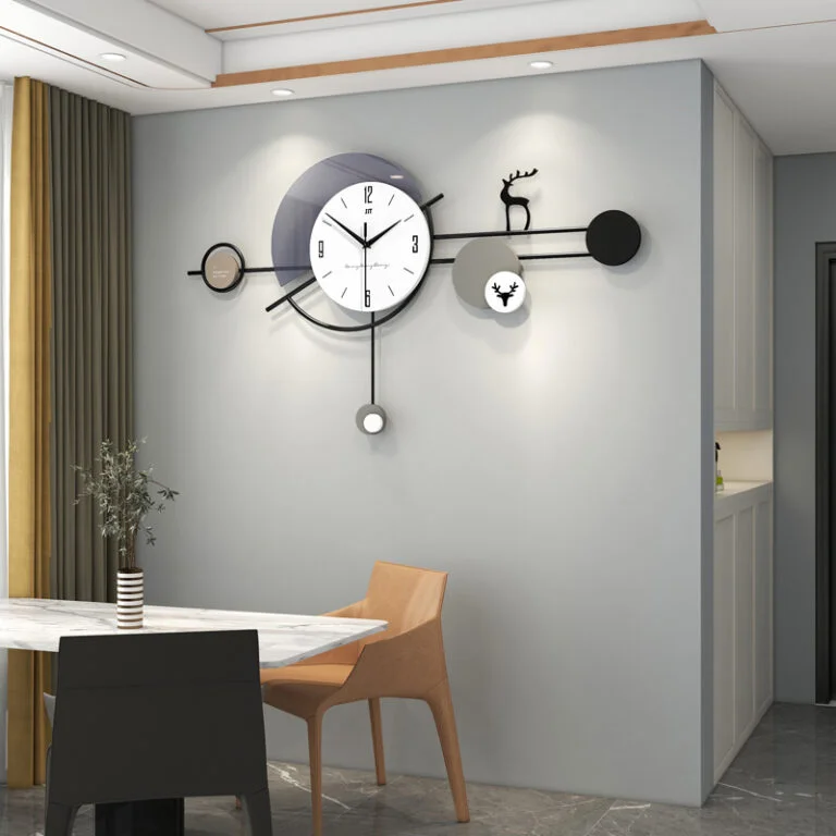 Modern decorative wall clock with geometric design in a stylish dining room.