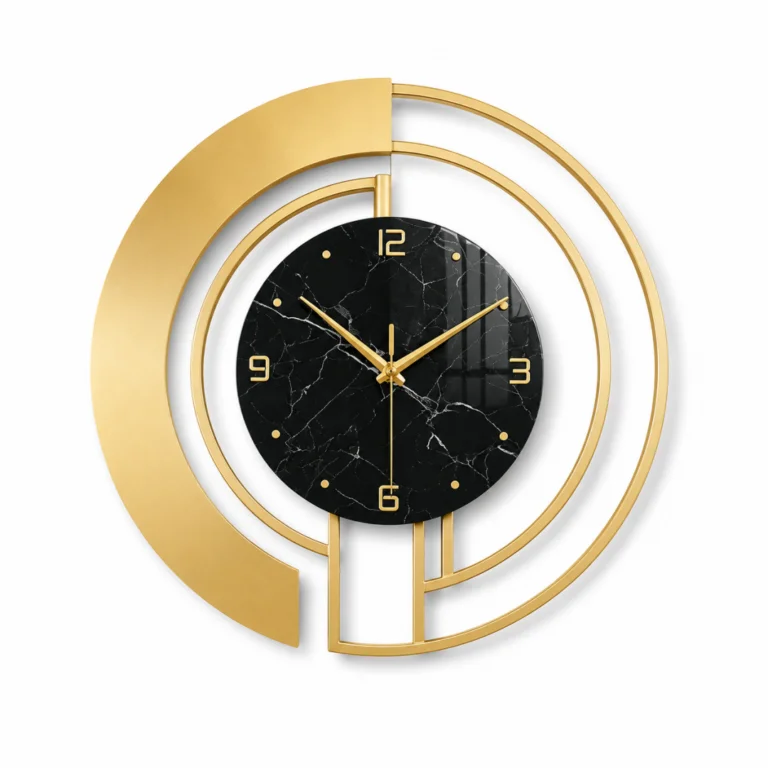 Modern luxury wall clock with gold and black marble design.