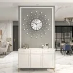 Modern luxury living room with decorative wall clock and elegant decor.