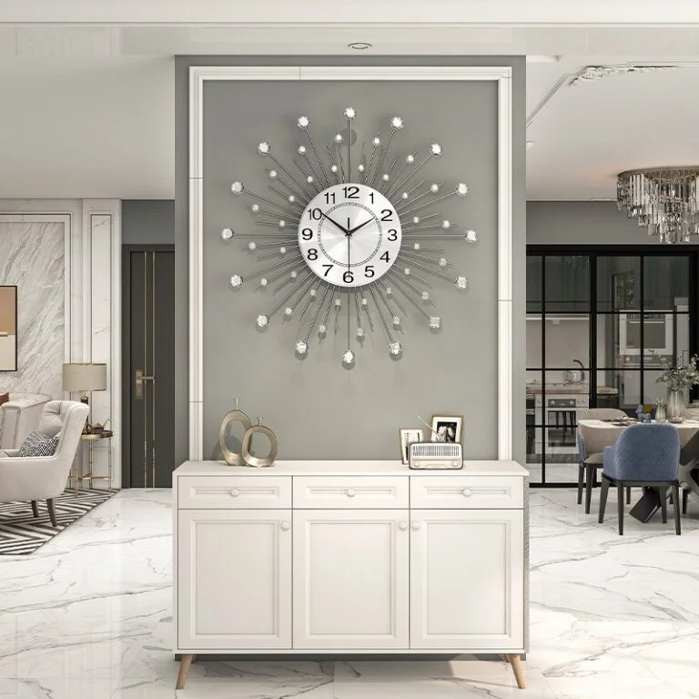 Modern luxury living room with decorative wall clock and elegant decor.