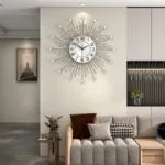 Modern luxury living room with decorative wall clock and framed wall art.