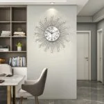 Modern luxury wall clock with crystal accents in a stylish living room.