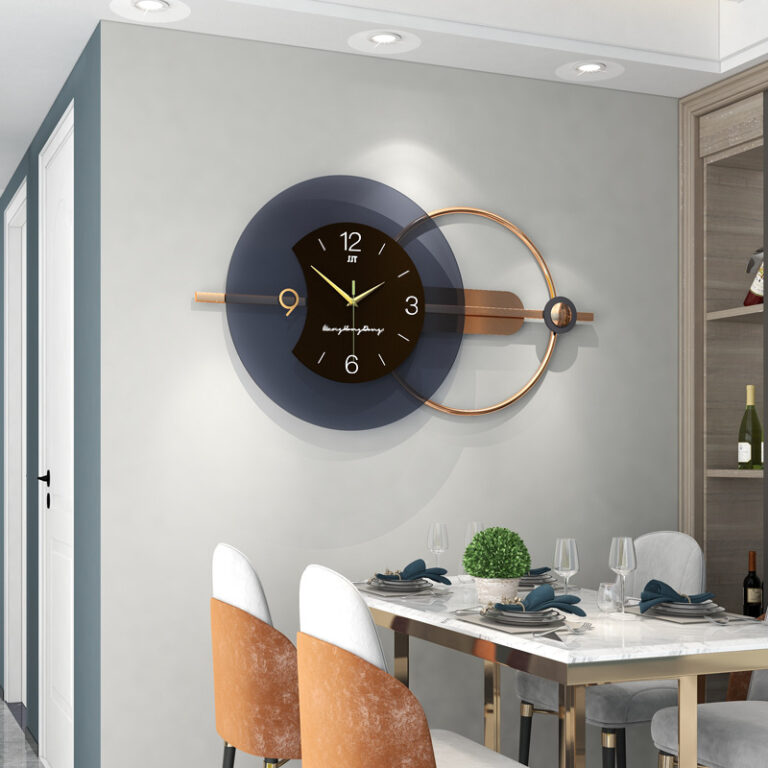 Modern luxury wall clock in dining room with elegant decor and table setting.