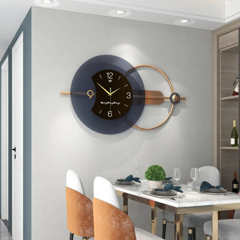Modern luxury wall clock in dining room with elegant decor and table setting.