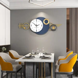 Modern dining room with a decorative wall clock featuring geometric design and gold accents.