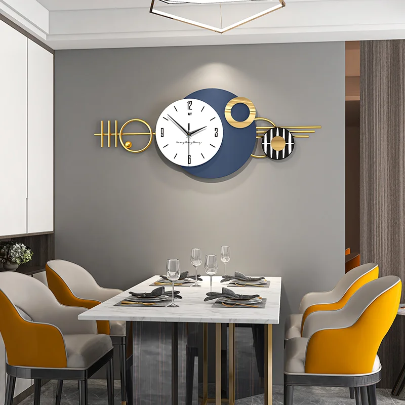Modern Geometric Wall Clock in Dining Room Modern dining room with a decorative wall clock featuring geometric design and gold accents.