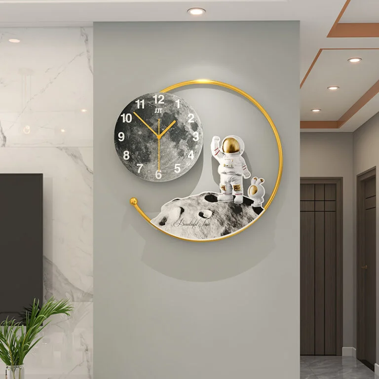 Modern wall clock with astronaut design and moon theme, luxury home decor.