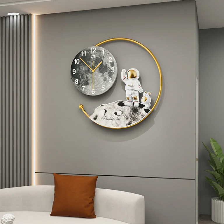 Modern decorative wall clock with astronaut design in a luxury living room setting.