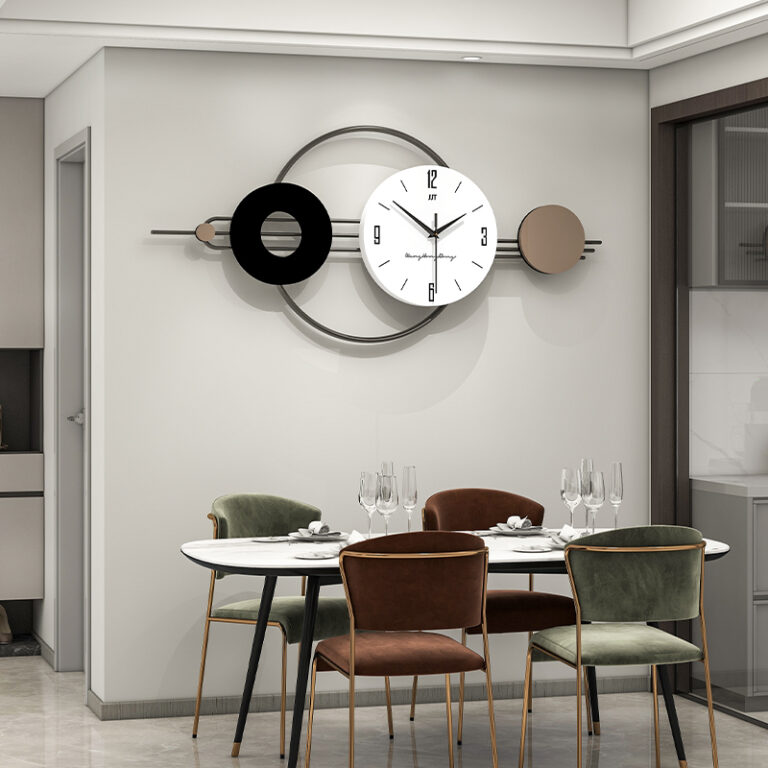 Modern decorative wall clock in dining room with elegant chairs and table setting.