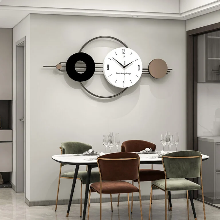Modern decorative wall clock in dining room with elegant chairs and table setting.