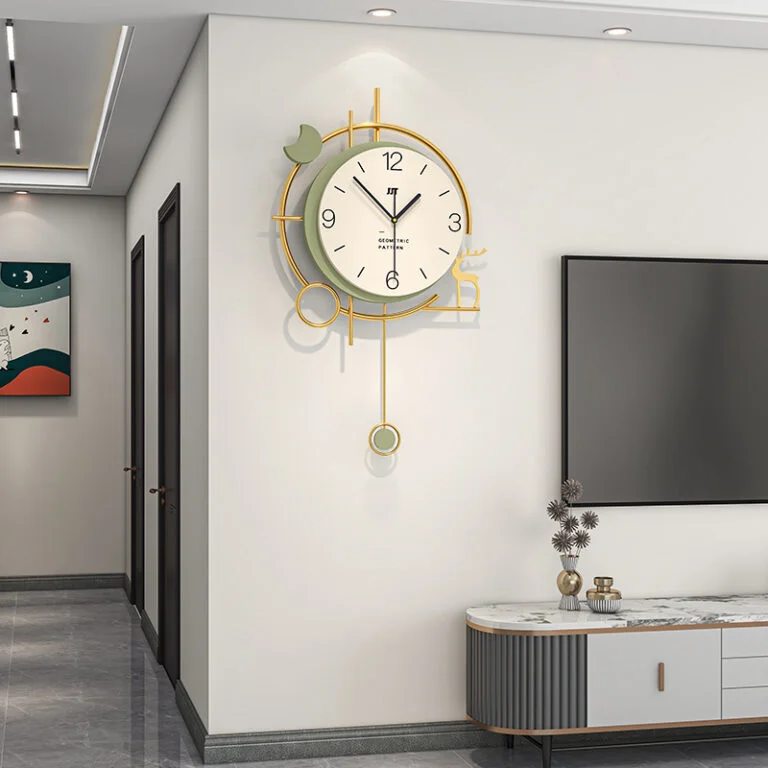 Modern luxury wall clock with gold accents in a stylish living room setting.