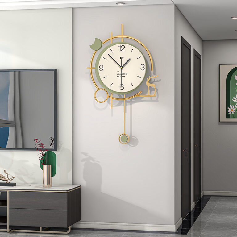 Modern luxury wall clock with gold accents in a stylish living room setting.