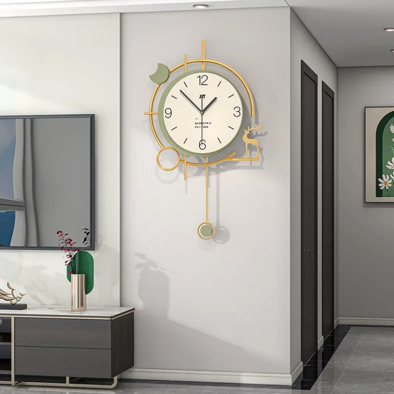 Modern luxury wall clock with gold accents in a stylish living room setting.
