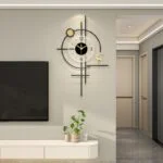 Modern decorative wall clock with geometric design in a luxury living room setting.