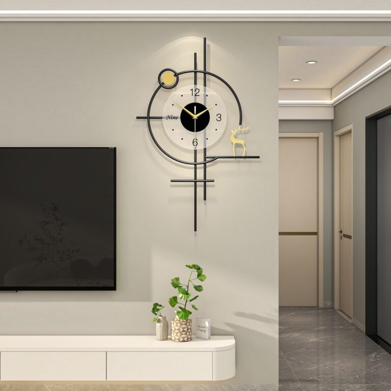 Modern decorative wall clock with geometric design in a luxury living room setting.