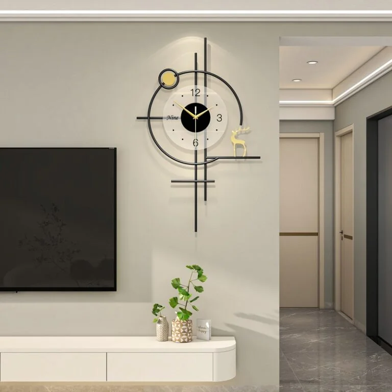 Modern decorative wall clock with geometric design in a luxury living room setting.