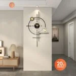 Modern decorative wall clock with geometric design in a stylish living room setting.