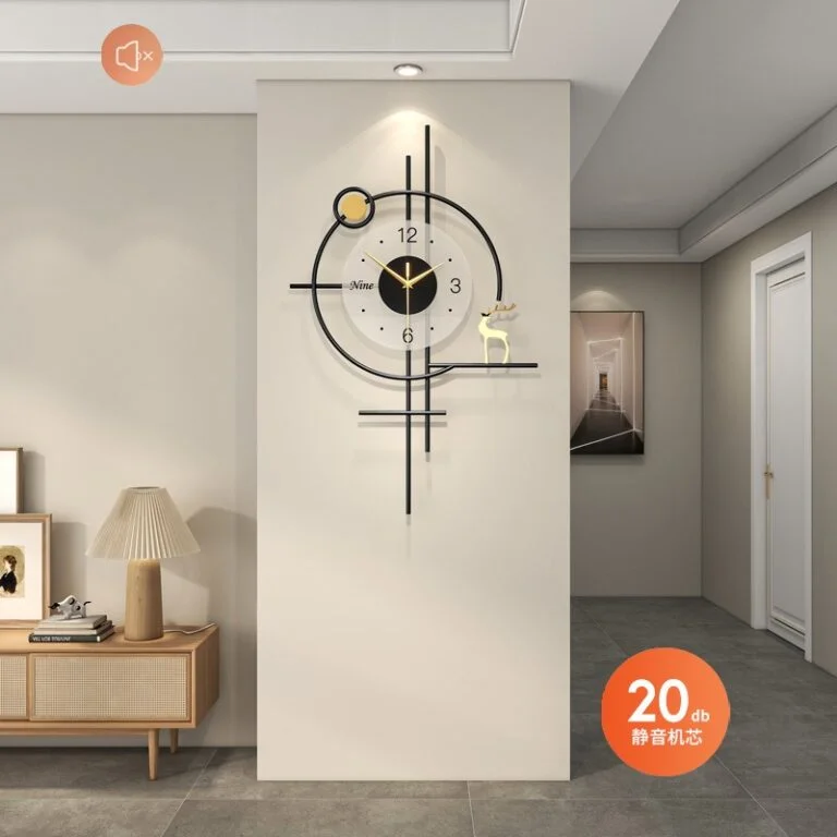 Modern decorative wall clock with geometric design in a stylish living room setting.