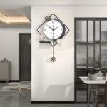 Modern decorative wall clock in a stylish living room setting.