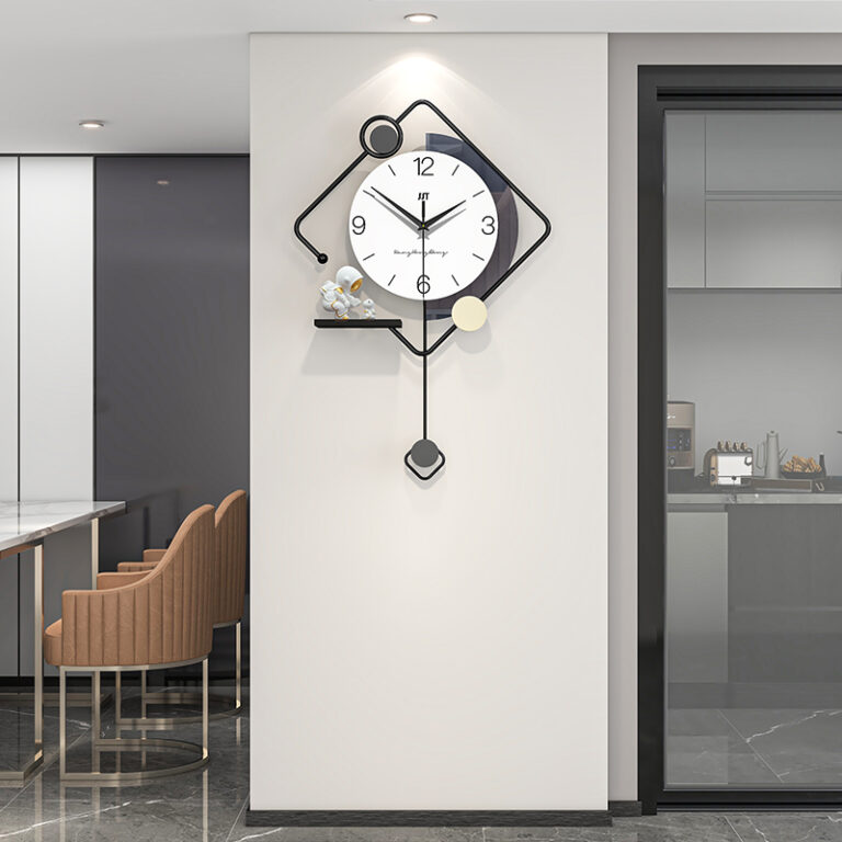 Modern wall clock with geometric design and decorative accents in a luxury home setting.
