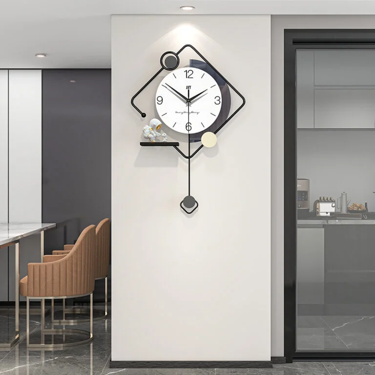 Modern wall clock with geometric design and decorative accents in a luxury home setting.