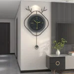 Modern decorative wall clock with unique design in a stylish living room setting.