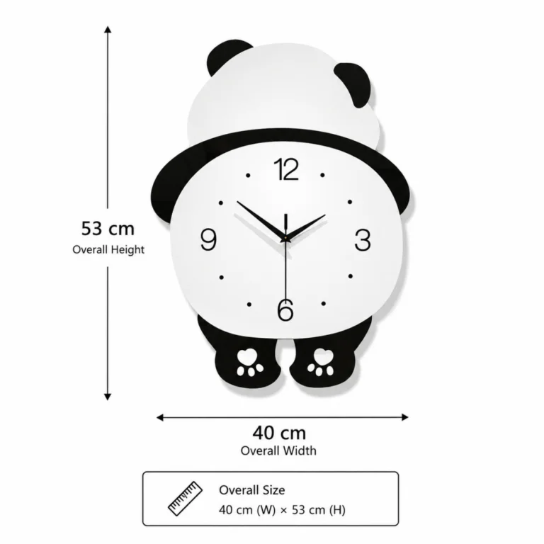 Panda-shaped modern wall clock with black and white design, ideal for kids' rooms or playful decor.