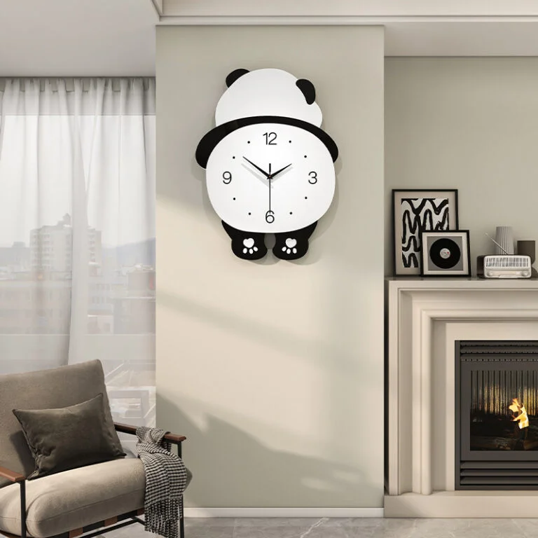 Modern panda-shaped wall clock in a stylish living room setting.