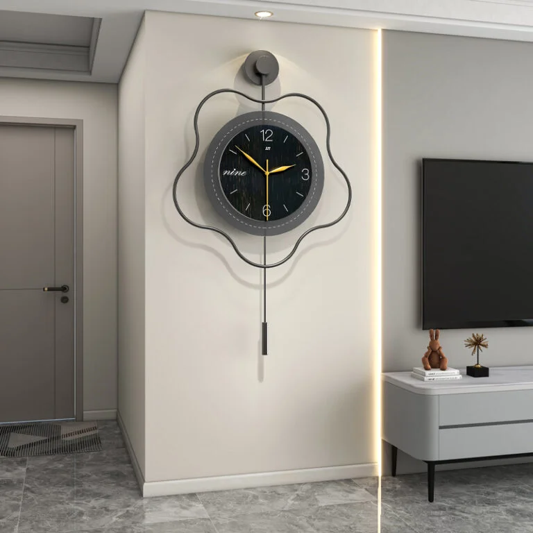 Modern luxury wall clock with unique design in a stylish living room setting.