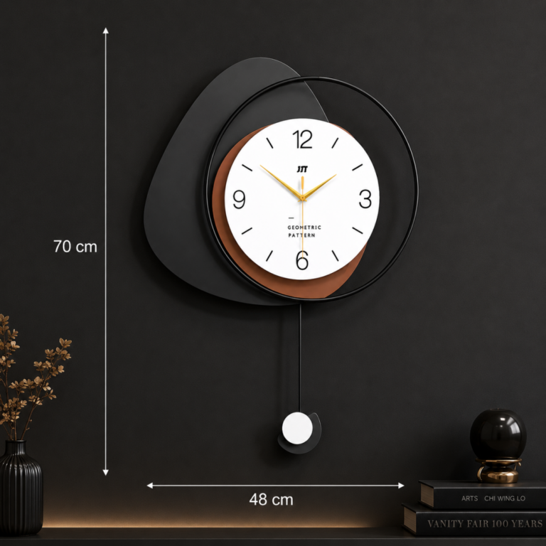 Modern decorative wall clock with geometric design and pendulum on a dark wall.