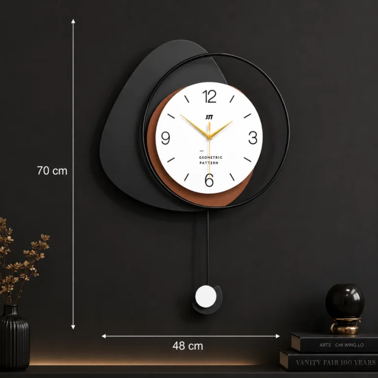 Modern decorative wall clock with geometric design and pendulum on a dark wall.