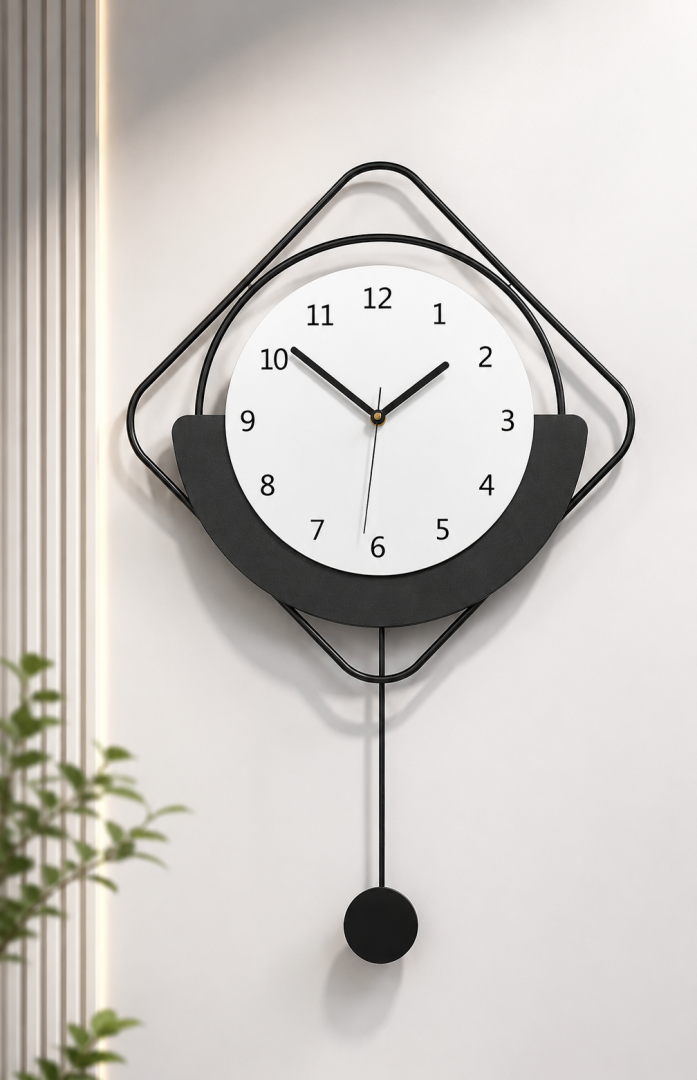 Modern black and white wall clock with geometric design and pendulum.
